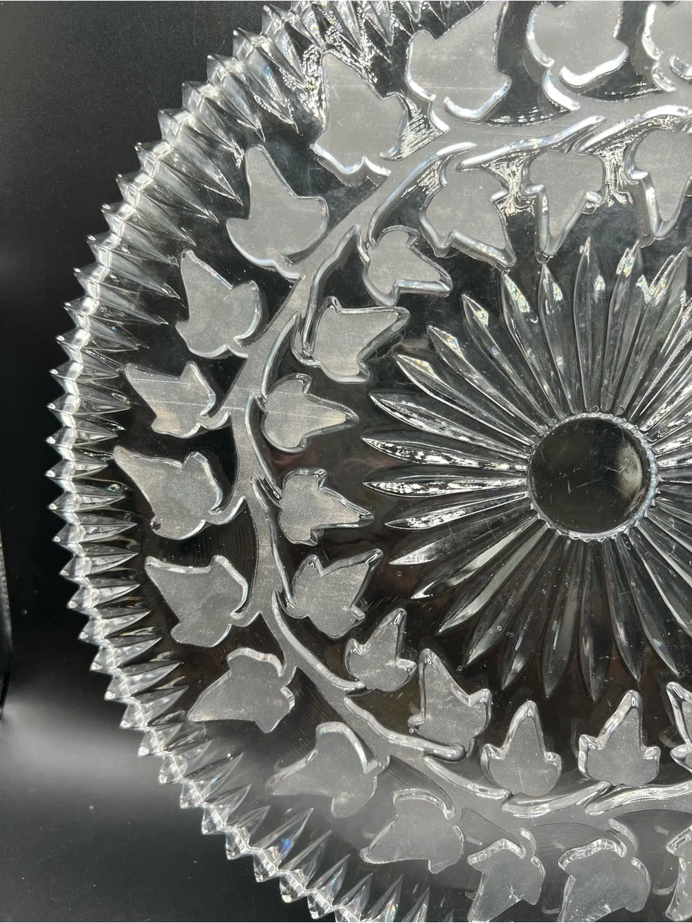 Vintage Frosted Ivy Leaf Glass Serving Plate Platter 11.75” Heavy Sawtooth Edge